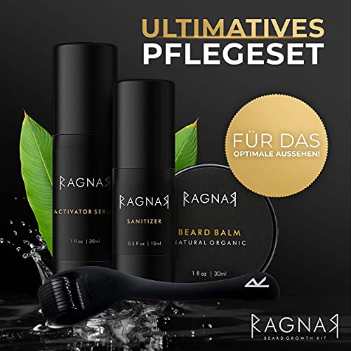 RAGNAR - Bart Set | Bartwuchsmittel für Männer | Bartwuchs fördern | Bartlücken schließen | Bartwachstumsserum | Bartroller + Gratis Bartbalsam/Bartwachs