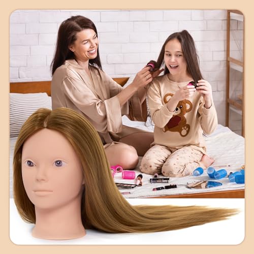 Neverland Beauty 71 cm Trainingskopf mit 60% Echthaar, Friseur-Mannequin-Kopf, Kosmetologie-Puppenkopf mit Tischklemme und Friseur-Werkzeug-Set, Glatt, Menschliches Haar , Einnähen Gold