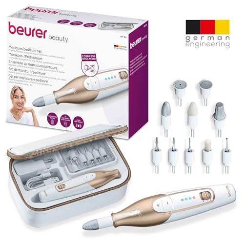 Beurer MP 64 Maniküre/Pediküreset, elektrisches Nagelpflegeset mit Akku, 10 Aufsätze zur Nagelpflege für schöne Hände und Füße, mit LED Licht, Einheitsgröße, White and gold