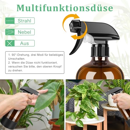 BELICOO 3 Stk 480ml Sprühflasche, Glas Pflanzensprühflasche, Sprühflaschen für Reinigung, Pflanzen, ätherische Öle, Haarpflege, nachfüllbare leere Sprühflasche mit justierbarer Düse für Spritz