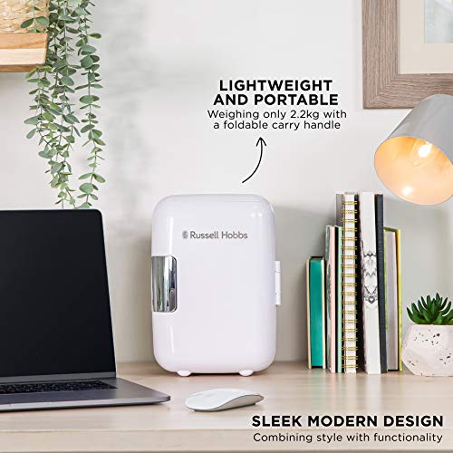 Russell Hobbs RH4CLR1001 4L/6 Can Portable Mini Cooler & Warmer for Drinks, Cosmetics/Makeup/Skincare, AC/DC Power, Retro Style, White, For Bedroom, Home, Caravan, Car