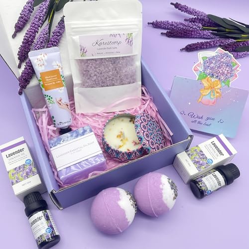 Bath Set Pamper Gifts For Women, Get Well Soon Gift For Her, Lavender Skin Care Gifts Ideas For Mum, Best Friend, Sister, Relaxation SPA Ladies Self Care Hampers, Female Anniversary Birthday Presents