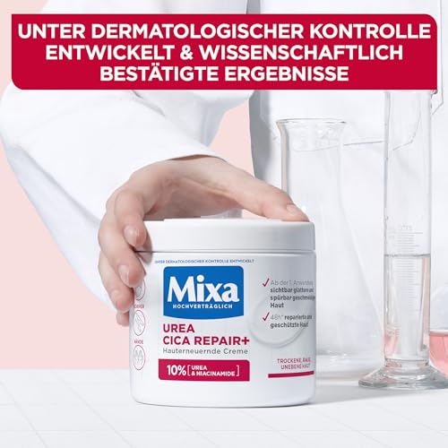 Mixa Urea hauterneuernde Creme mit Urea & Niacinamide, für trockene und raue und unebene Haut, repariert und glättet, Feuchtigkeitspflege für den Körper, Hände und Gesicht, Urea Cica Repair+, 400 ml