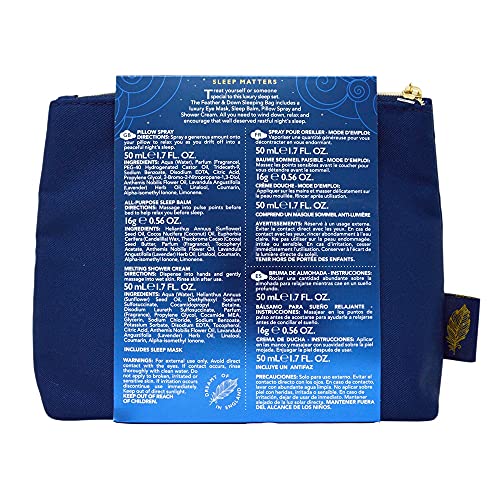 Feather & Down Sleeping Bag Gift Set (luxury eye mask, sleep balm, pillow spray and shower cream) - with calming lavender & chamomile essential oils. Vegan Friendly & Cruelty Free.