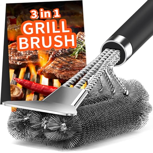 Grillbürste, TNTOR Grill Reinigungsbürste mit Extra Langer Edelstahl Borsten, Edelstahl Spatel und PP Wärmedämmung Griff, für Gasgrill, Holzkohlegrill, Kugelgrill, Elektrogrill und Grillrost.