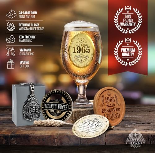 CROWNLY CRYSTAL® 1965 60th Birthday Personalized Beer Glasses for Men - Decorations and Presents for Him, Husband Gift Ideas