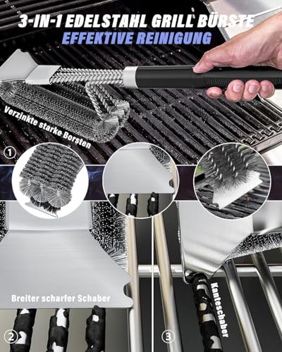 Grillbürste, Grill Reinigungsbürste Edelstahl Schaber, dichte Edelstahlborsten, Extra Langer PP Griff, für Gasgrill, Holzkohlegrill, Kugelgrill, Elektrogril, Grillrost