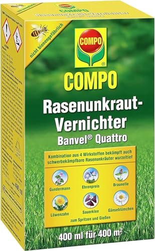 COMPO Rasenunkraut-Vernichter Banvel Quattro, Bekämpfung von schwerbekämpfbaren Unkräutern im Rasen, Konzentrat, 400 ml (400 m²)