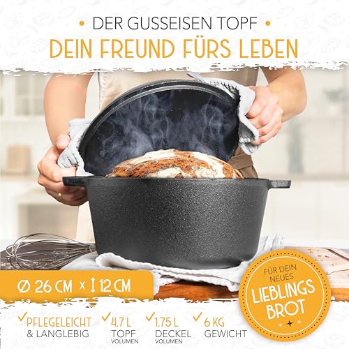 KRUSTENZAUBER 26cm Gusseisen Topf Brot Backen inkl. Gärkorb - Robuste Brotbackform mit Deckel - Idealer Brottopf, Brotbacktopf, Brotbackset Gusseisentopf Brotbacken, Brot Backen Zubehör, Brotform