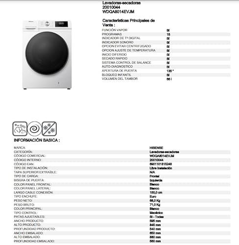 Hisense WDQA8014EVJM 60cm Freestanding 8 KG Front Load Washer Dryer - 1400 RPM - Pure Steam - PureJet - Pause and Add - Inverter Motor - White