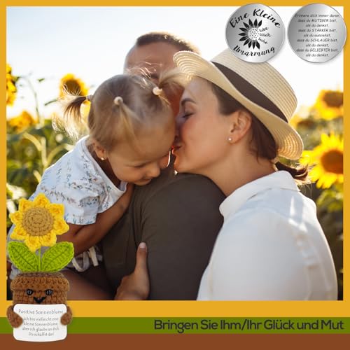 Tixlux Pocket Hug Positive Sonnenblume, Kreative Strickwolle Sonnenblume Puppe und Kleine Umarmung Glücksbringer, MutmacherGeschenk, Gute Besserung Geschenk, Geschenk zum Abschluss