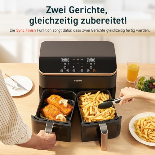 COSORI Heißluftfritteuse 2 Kammern, Airfryer Testsieger der Stiftung Warentest, 6-in-1 Dual Zone Air fryer 8,5 L, Heissluftfritteuse Doppelkammer mit Sichtfenster, energiesparend