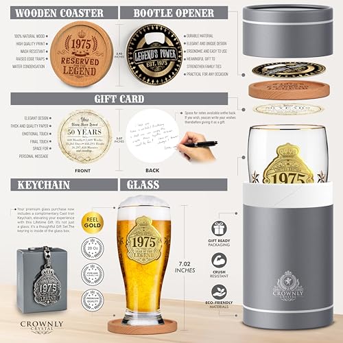 CROWNLY CRYSTAL® 1975 Geschenk 50 Geburtstag Mann Bierglas Mit Gravur 570 ml Geschenke Für Männer Personalisierte Geschenke Geburtstagskarte 50 Mann Deko 50. Geburtstag Mann Geschenk Freund