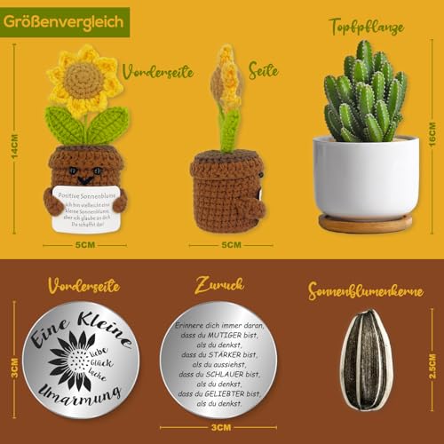 Tixlux Pocket Hug Positive Sonnenblume, Kreative Strickwolle Sonnenblume Puppe und Kleine Umarmung Glücksbringer, MutmacherGeschenk, Gute Besserung Geschenk, Geschenk zum Abschluss