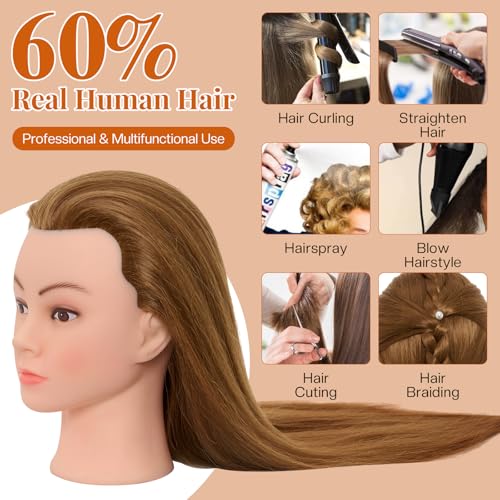 Neverland 71cm Frisierkopf Übungskopf mit Ständer, 60% Echthaar Puppenkopf zum Frisieren, Trainingsköpfe für Friseure Ausbildung Kopf mit Tischklemme und Haare Zubehör(Golden)