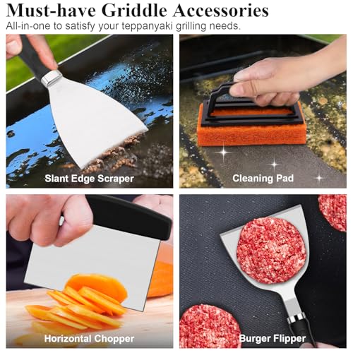 Grilliance 27-TLG Grillspachtel Plancha Zubehör für Männer, Teppanyaki BBQ Grillbesteck Set Edelstahl, Hibachi Smasher Burger Geschenkset mit Pfannenwender, Burgerpresse, Patty-Maker für Blackstone