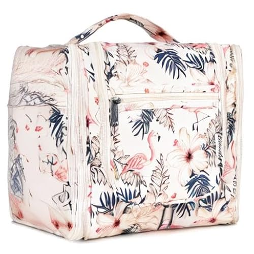 Narwey Groß Kulturbeutel Damen & Herren - Gross Kulturtasche Zum Aufhängen, Kinder Kosmetiktasche - Waschtasche für Mädchen (Beiger Flamingo (Groß))