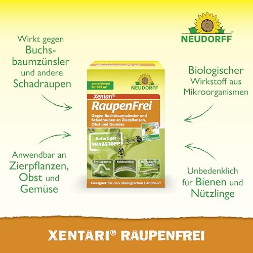 Neudorff Xentari RaupenFrei, bekämpft biologisch Buchsbaumzünsler und andere Schadraupen. Wirksames Spritzmittel zum Schutz vor Raupen an Buchsbaum, Hecke etc. 1x 25g, Braun