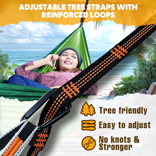 NATUREFUN Ultraleichte Reise Camping Hängematte | 300kg Tragkraft (275 x 140 cm) Atmungsaktiv, Schnelltrocknendes Fallschirm Nylon | 2 x Premium Karabiner,2 x Schlingen| Drinnen Draußen Garten