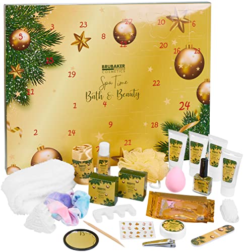 BRUBAKER Cosmetics Beauty Adventskalender 2024 - der XXL Wellness Weihnachtskalender für Frauen und Mädchen - 24 x Körperpflege Produkte & Spa Accessoires - Gold