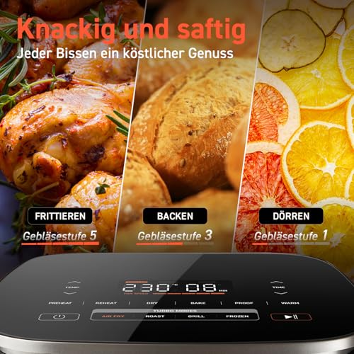 Cosori Turboblaze Airfryer Heißluftfritteuse, 9-in-1 Air Fryer XXL 6L, leiser DC Motor mit 5 Geschwindigkeitsstufen, Grillen, Backen, Gären, Dehydrieren, Tiefkühlen, 87 Rezepte, 64% energiesparend