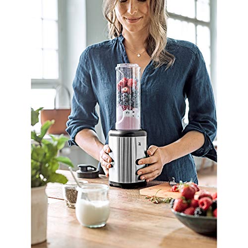 WMF Kult X Mix & Go Mini Smoothie Maker, Standmixer, Blender elektrisch, Shake Mixer 300 Watt Leistung, Tritan-Kunststoff Flasche 600ml, auslaufsicherer Schraubdeckel, rutschfeste Füße, Silber/Schwarz