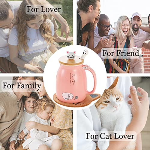 Katzen-Tasse Süße Keramik Kaffeetasse mit deckel,Edelstahl Löffel, Neuheit Morgen Cup Tee Milch Weihnachten Becher Geschenk Teetasse mit Deckel und Sieb Geschenke für Frauen380ML (Rosa)