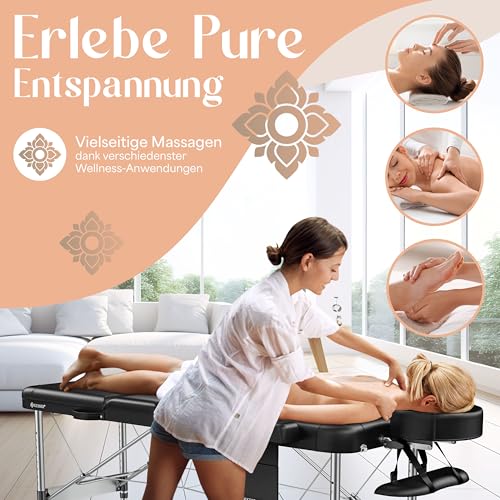 KESSER® Mobile Massageliege klappbar & höhenverstellbar 3 Zonen Massagebett Massagetisch Kosmetikliege Breit Therapieliege Aluminium + 10x Gesichtsauflage mit Kopfstütze Armlehnen & Tasche Schwarz