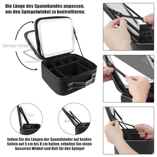 MOMIRA Reise-Makeup Tasche Kosmetiktasche mit beleuchtetem Spiegel, Einstellbarer Helligkeit in 3 Farbszenarien, Geschenk für Frauen - Schwarz