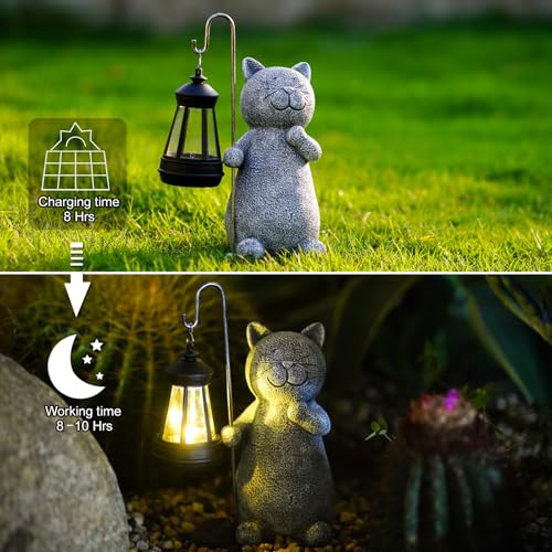 Yeomoo Katze Gartenfiguren für Außen mit Solar Laterne – Lustig Wasserdicht Solarlampe Figur Gartendeko für Draußen Balkon Terrassen Geschenke für Frauen Männer Mama Geburtstag Feengarten Grau