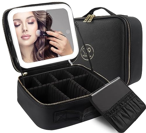 MOMIRA Reise-Makeup Tasche Kosmetiktasche mit beleuchtetem Spiegel, Einstellbarer Helligkeit in 3 Farbszenarien, Geschenk für Frauen - Schwarz