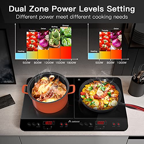 Aobosi Double Induction hob,Induction Cooker with Portable Black Glass Plate, Independent Control,One-click Max and Min Power Control 2800W,20 Temperature Setting[Upgrade],Safety Lock,4-Hour Timer