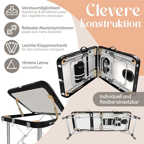 KESSER® Mobile Massageliege klappbar & höhenverstellbar 3 Zonen Massagebett Massagetisch Kosmetikliege Breit Therapieliege Aluminium + 10x Gesichtsauflage mit Kopfstütze Armlehnen & Tasche Schwarz