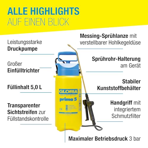 GLORIA Drucksprüher prima 5 | Gartenspritze/Sprühgerät für den Pflanzenschutz | 5 L Füllinhalt | Verstellbare Messingdüse, Gelb, Schwarz, Blau