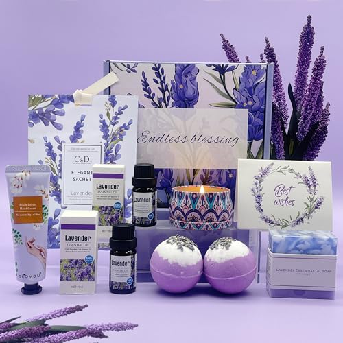 Pamper Gifts for Women, Unique Friend Gifts for Her, Lavender Self Care Get Well Soon Gifts Set for Mum Sister Wife, Spa Bath Set Bath Bombs Candle Present Set, Birthday Mothers Day Gift Box