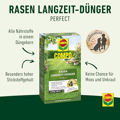 COMPO Rasendünger mit Langzeitwirkung - Keine Chance für Moos und Unkraut – 1,5 kg für 60 m² - COMPO Rasen Langzeit-Dünger Perfect