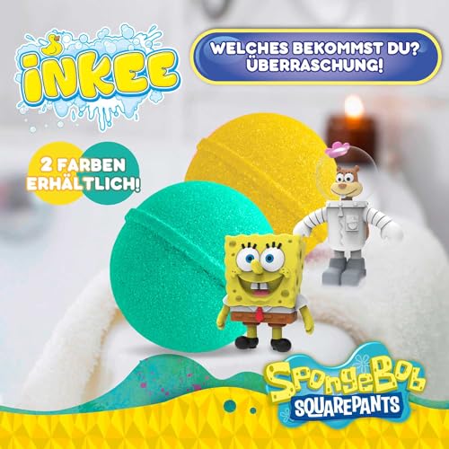 INKEE SpongeBob 3er Pack - Badebomben Kinder mit Überraschung - SpongeBob Schwammkopf Figuren zum Sammeln - 3x Badekugeln 80g mit Burgergummi-Aroma und Jojobaöl, Türkis oder Gelb