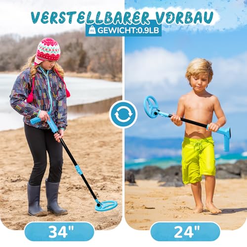 Metalldetektor Kinder, Smofrees Über USB Wiederaufladbarer Kleiner Kinder Metalldetektor, Verstellbarer 60-86cm Tragbarer Metalldetektor mit lustigem LCD-Display für die Erkundung im Freien, Blau