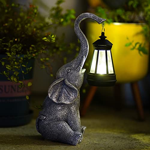 Yeomoo Elefanten Deko mit Solar Laterne Gartenfiguren - für Außen Gartendeko mit Wetterfest LED Solarlampe für Balkon Garten, Geschenke für Frauen Männer Mama Geburtstagsgeschenk Grau