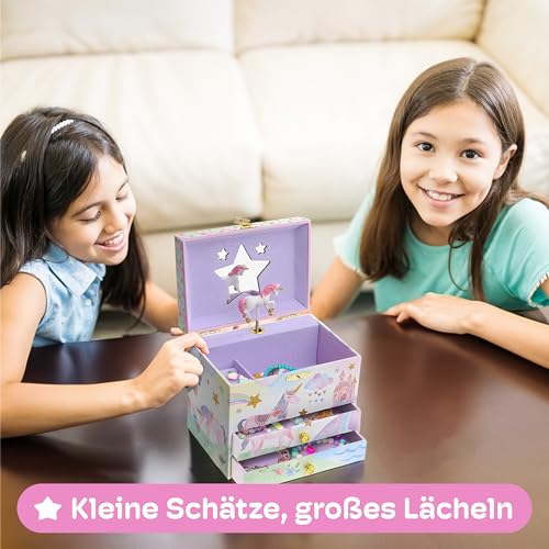 Jewelkeeper Musikalisches Schmuckkästchen Kinder Mädchen - Einhorn Schmuckkasten mit Glitzer Regenbogen - Zwei Schubladen - Schmuckdose Kinder - Fördert Kreativität - The Beautiful Dreamer Melodie