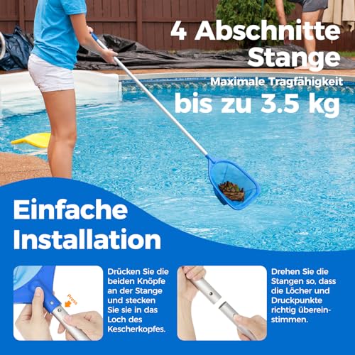 Mowend 145cm Skimmer Pool Kescher, Poolreinigung Kescher Feinmaschig mit Stab 1,14M Langer Aluminiumstange, 17,5cm Tief Kescher für Pool, Spa, Teiche, Whirlpools
