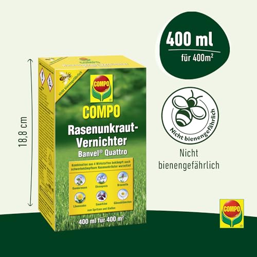 COMPO Rasenunkraut-Vernichter Banvel Quattro, Bekämpfung von schwerbekämpfbaren Unkräutern im Rasen, Konzentrat, 400 ml (400 m²)