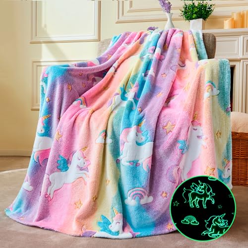 Joiedomi Decke Kuscheldecke Leuchtet im Dunkeln – Einhorn-Geschenke und Spielzeug für Mädchen im Alter von 2 bis 12 Jahren – Weiche, gemütliche Flanell-Kinderdecke – Geburtstagsgeschenk 50"×60"
