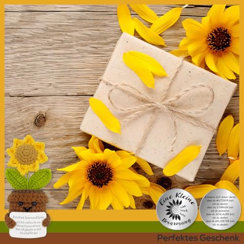 Tixlux Pocket Hug Positive Sonnenblume, Kreative Strickwolle Sonnenblume Puppe und Kleine Umarmung Glücksbringer, MutmacherGeschenk, Gute Besserung Geschenk, Geschenk zum Abschluss