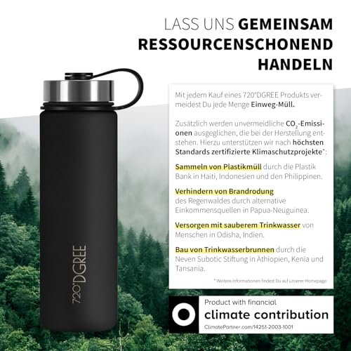720°DGREE Edelstahl Trinkflasche 950ml “noLimit” - Auslaufsicher, Kohlensäure geeignet, BPA-Frei - Thermosflasche, Isolierflasche mit Schraubverschluss für Sport, Fitness, Outdoor +Gratis Sportdeckel