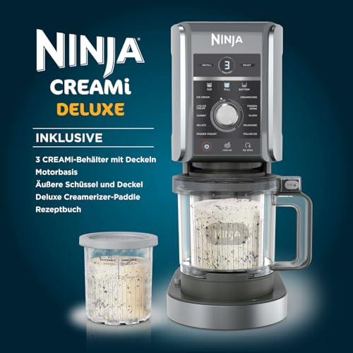 Ninja CREAMi Deluxe Eismaschine mit 3 Behältern, 10 Funktionen, Dessert & Ice Cream Maker für Eiscreme, Sorbet, Frozen Joghurt, Milchshakes, Slushi, 2-in-1 Geschmacksoption, Silber, NC501EU