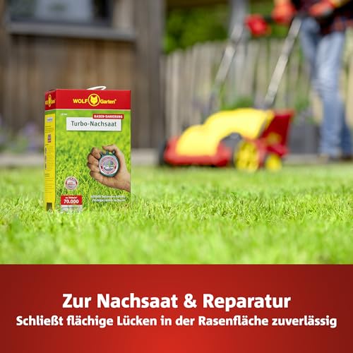 WOLF-Garten Turbo-Nachsaat zur Rasensanierung LR25 (für 25 m², hohe Dichte mit ca. 70.000 Trieben/m², für alle Rasentypen geeignet, mit WOLF-Garten Keimgarantie, 500g in Faltschachtel) 3826020