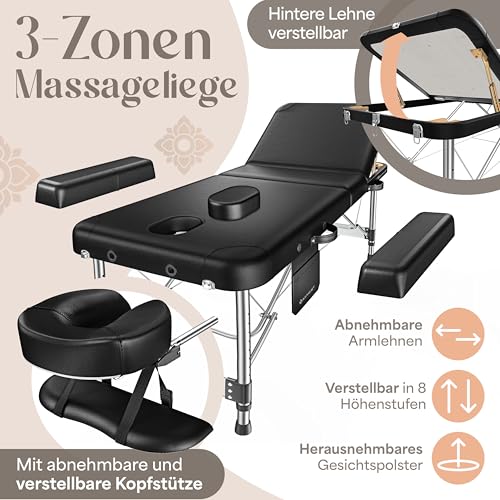 KESSER® Mobile Massageliege klappbar & höhenverstellbar 3 Zonen Massagebett Massagetisch Kosmetikliege Breit Therapieliege Aluminium + 10x Gesichtsauflage mit Kopfstütze Armlehnen & Tasche Schwarz