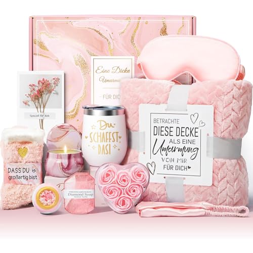 Geschenke für Frauen, Geburtstagsgeschenk für Frauen mit 12 OZ Edelstahl Weinbecher und Decke, Geschenke für Freundin Schwester zum Geburtstag Weihnachten,Mama,Ehefrau Geburtstagsgeschenk Geschenkset