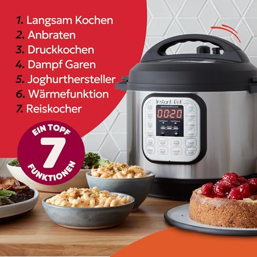 Instant Pot Duo 7-in-1-Multikocher 5,7 l – gebürstetes Edelstahl, großer Schnellkochtopf, Schongarer, Reiskocher, Sauteuse, Joghurtbereiter, Dampfgarer und Speisenwärmer, spülmaschinenfest